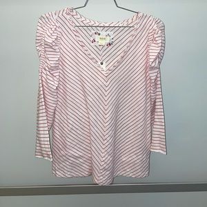 Anthropologie Ruffle Sleeve Pink and White V-neck Top *NWT*